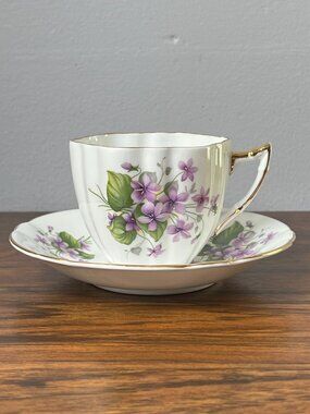Clarence Bone China Teacup and Saucer Set Purple Violets Made in England 1950s